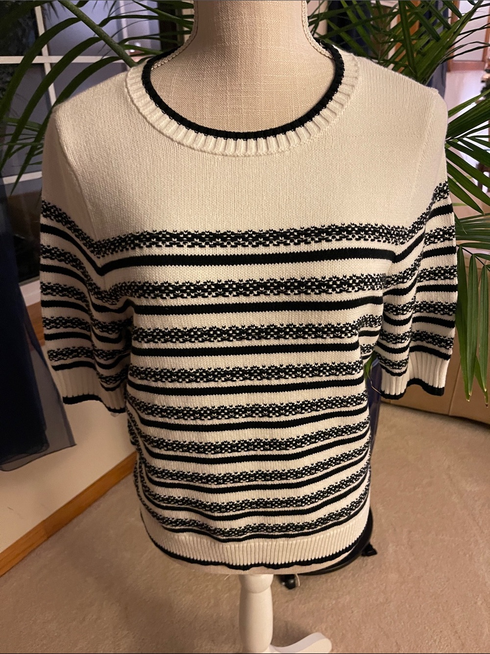 White House Black Market Black and White Striped Crewneck Sweater